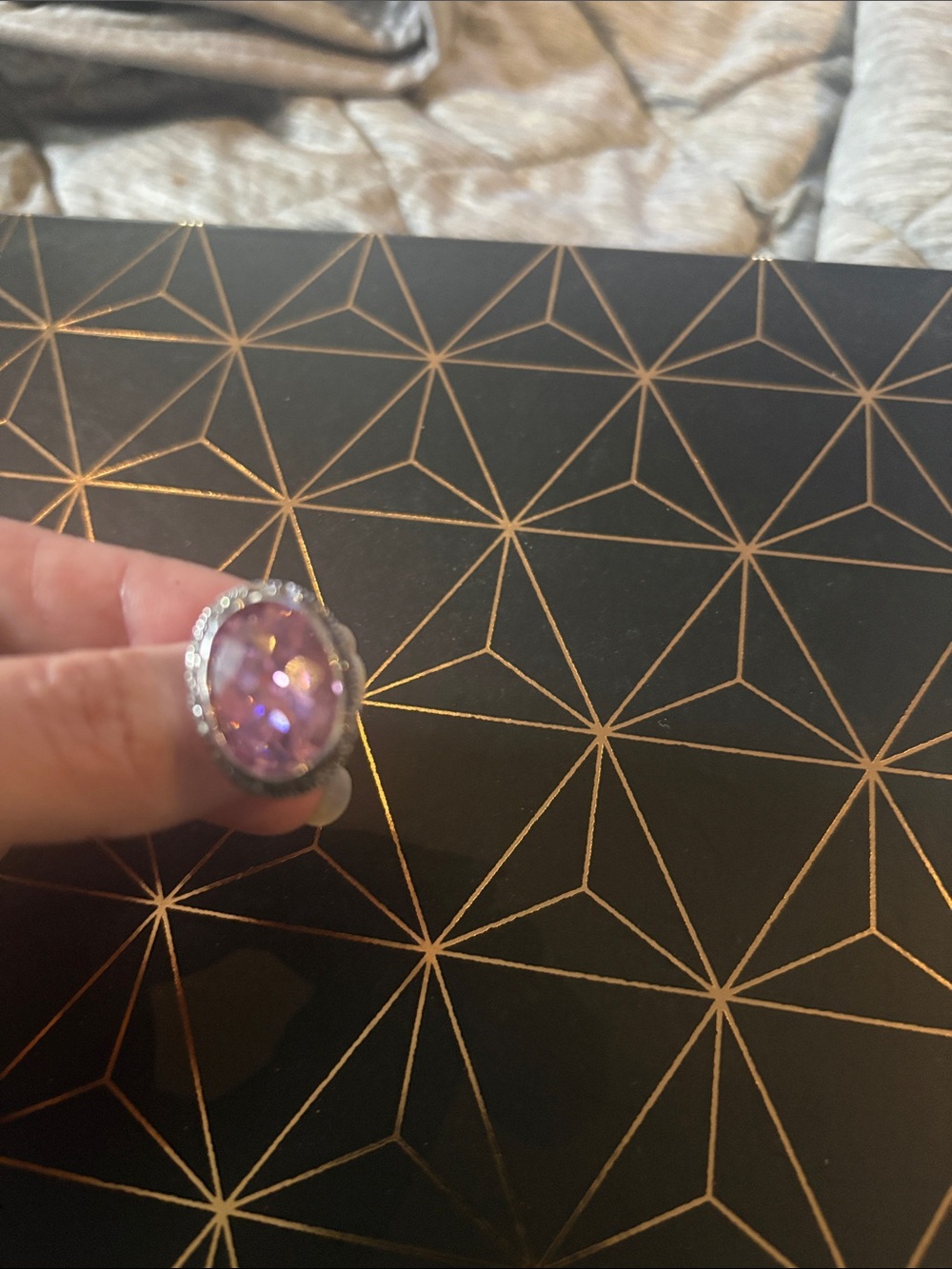 Silver Ring with Large Purple Gemstone and Pavé Halo